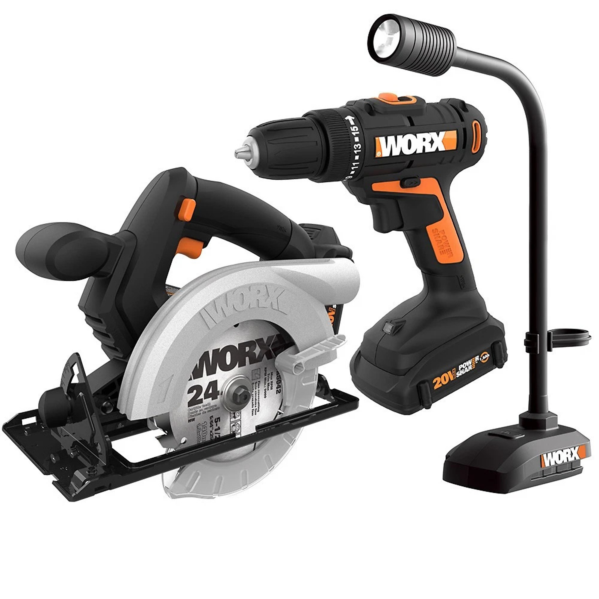 Worx 20V Combo Kit with Drill, Circular Saw and Flex Light, Model# WX959L